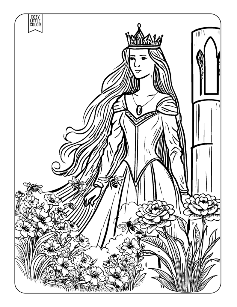 Vintage style coloring page of a princess in a flower garden outside a castle tower with bees