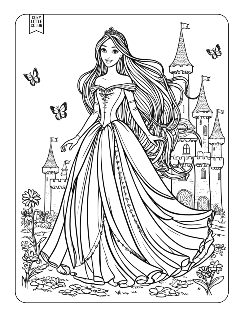 free coloring page scene of a detailed princess in a field with flowers and butterflies with a castle in the background