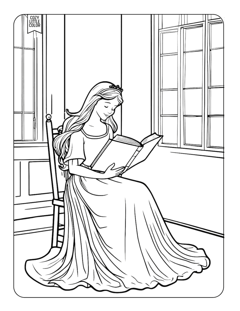 Coloring page of a princess sitting in a chair in a room with a large book in her hands