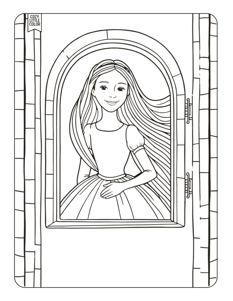 coloring page of a young girl princess rapunzel in a castle tower