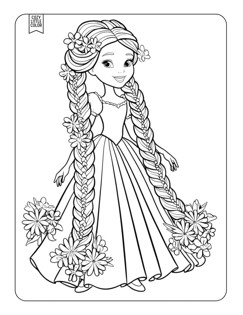 free coloring page of a cute cartoon princess with two long braids with flowers 