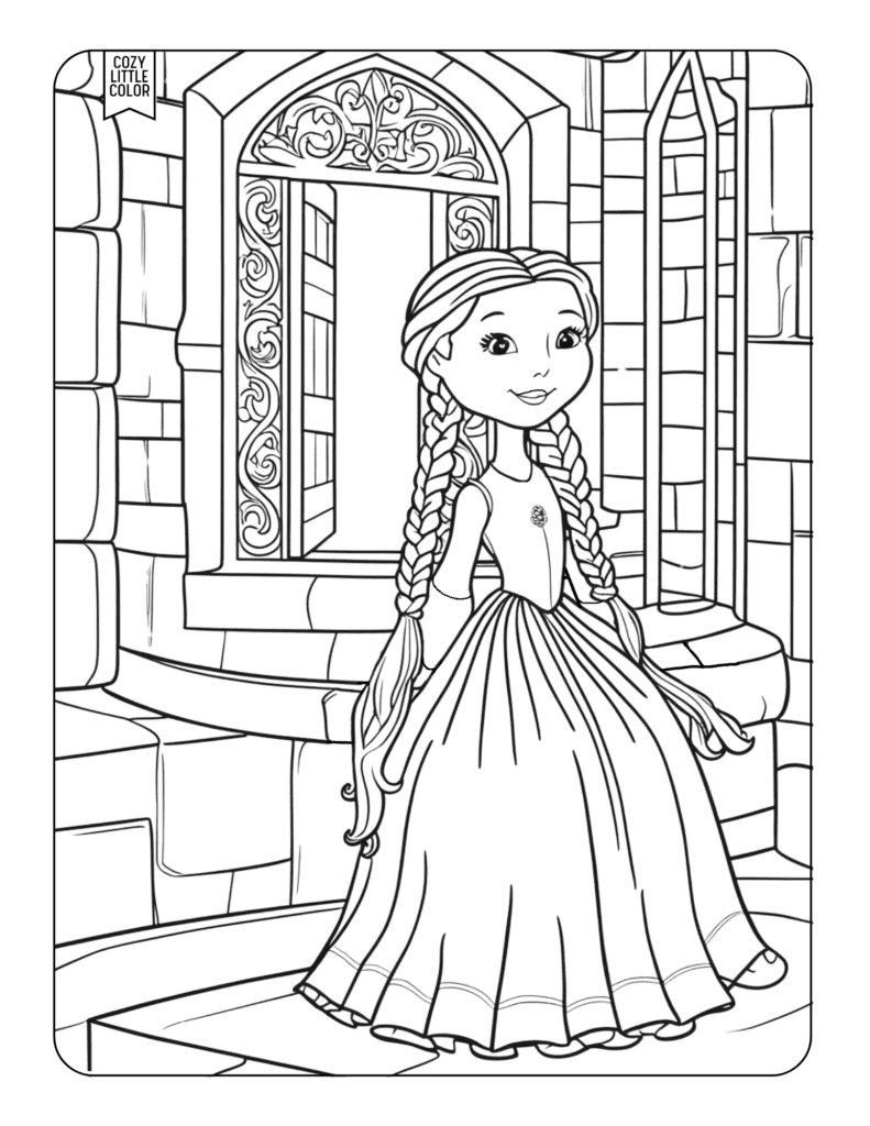 Cute cartoon princess sitting in a castle room in front of a window with long braided hair