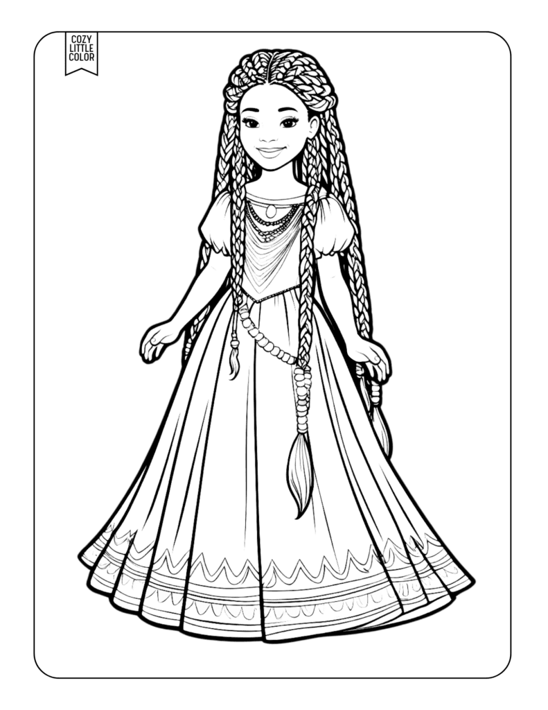 coloring page of a cartoon princess of african descent with long braids and an intricate designed dress