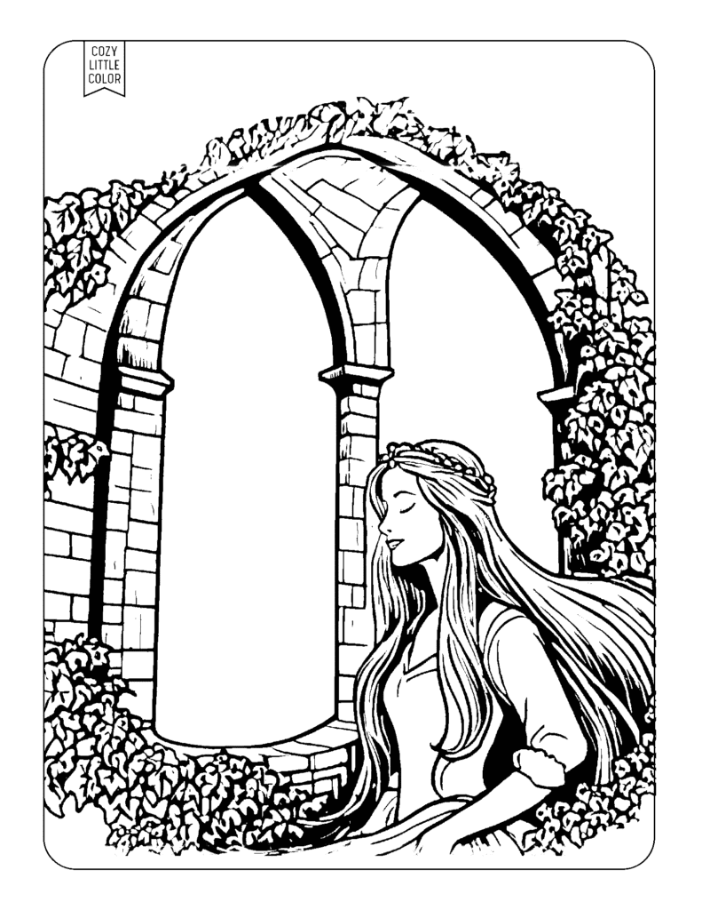 Coloring page of a gorgeous realistic adult princess closing her eyes in a stone archway with flowers, hair flowing