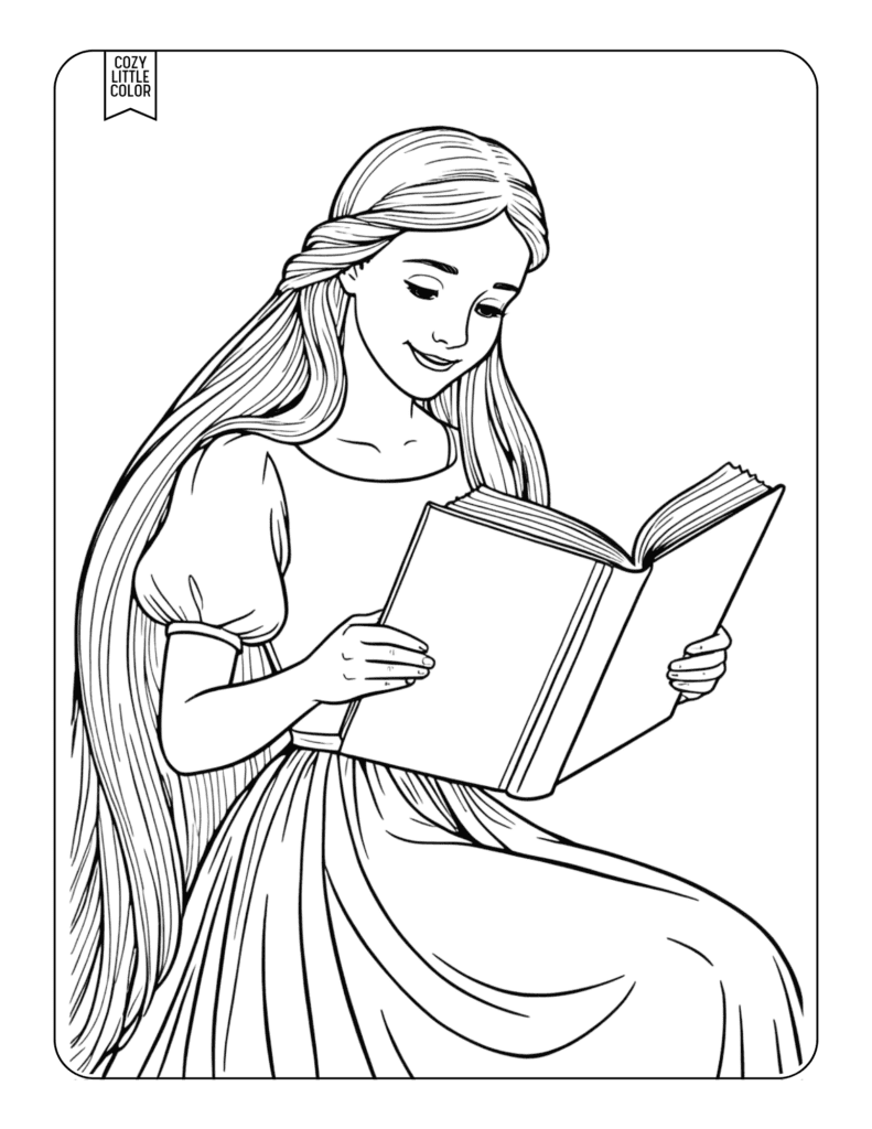 Coloring page of a princess rapunzel with long flowing hair reading a fairy tale book