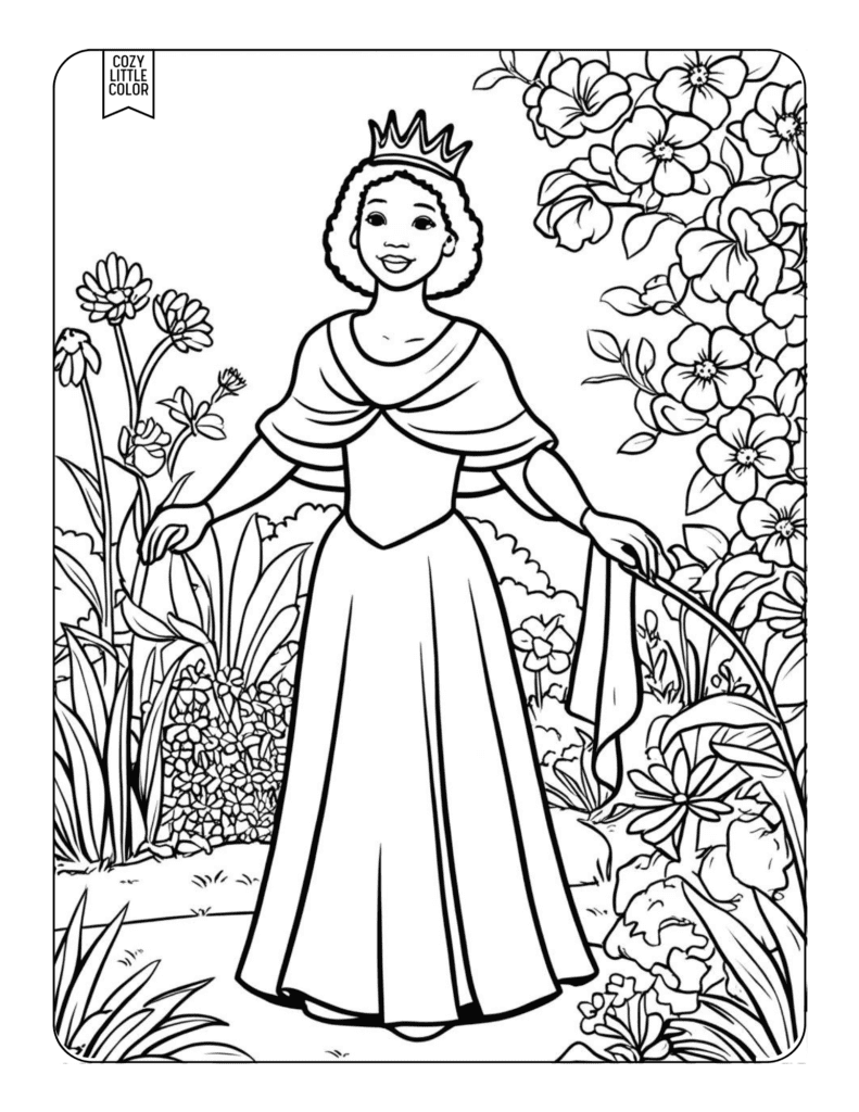 Detailed scene of a princess with a crown in a garden with short hair, african princess in a dress