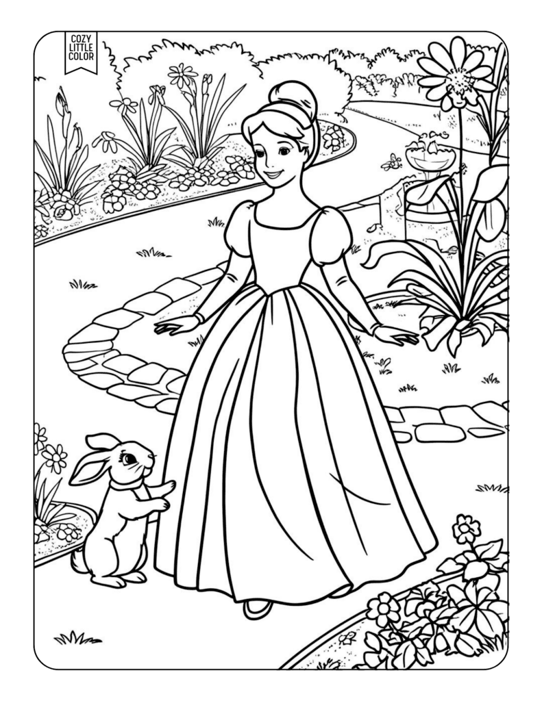 Princess with a bun hairstyle outside in a garden with a rabbit