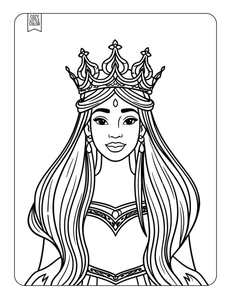 Coloring page of a detailed, realistic, and intricate Islander princess with a large crown and earrings