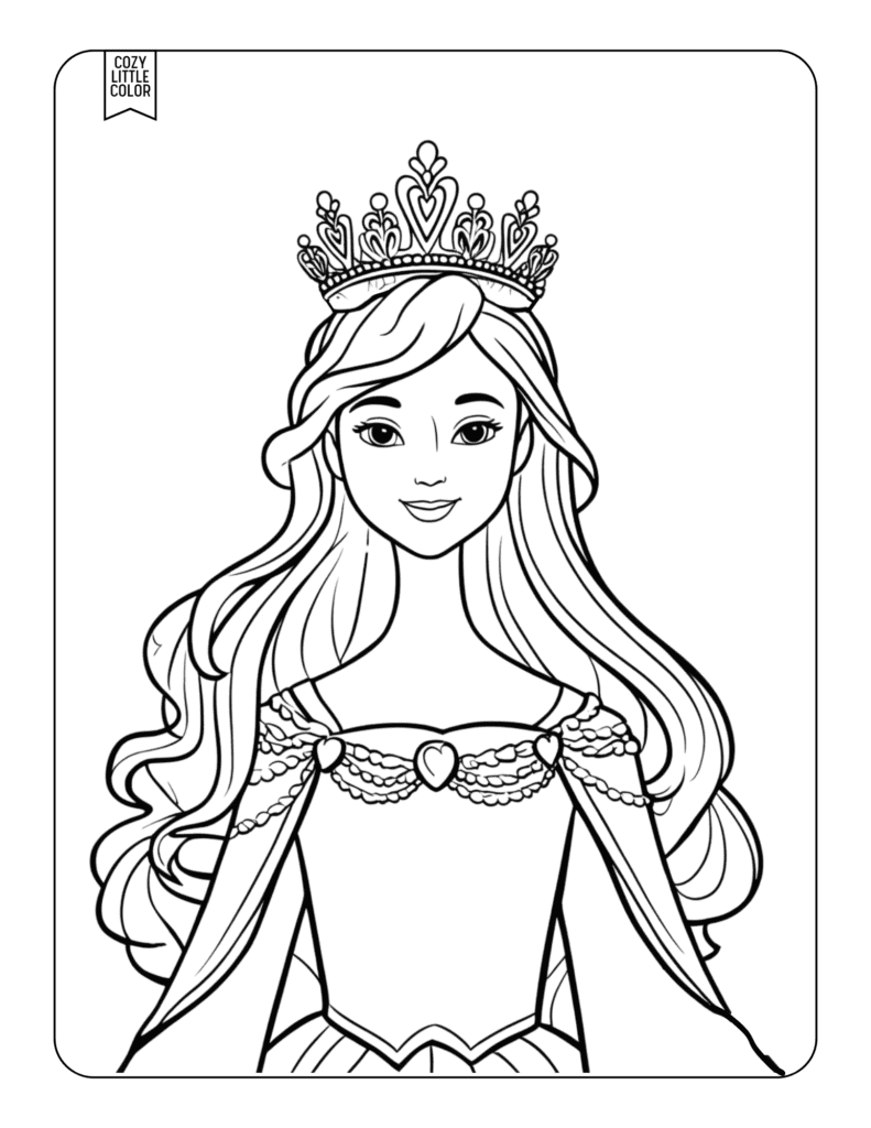 Coloring page for kids of a princess with a large crown and long hair