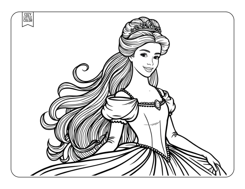 coloring page of a barbie looking princess with long flowing hair and a pretty dress and crown