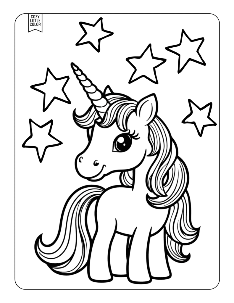 coloring page with a cute easy to color unicorn and stars