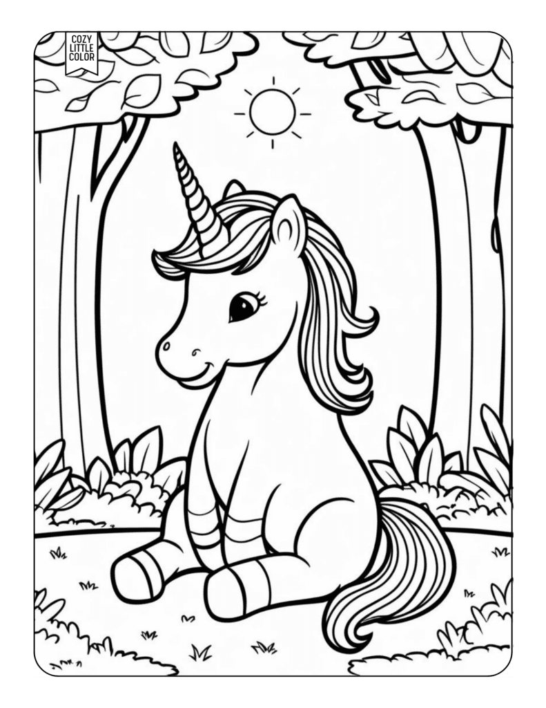 free printable coloring page of a unicorn sitting in a forest with a sun