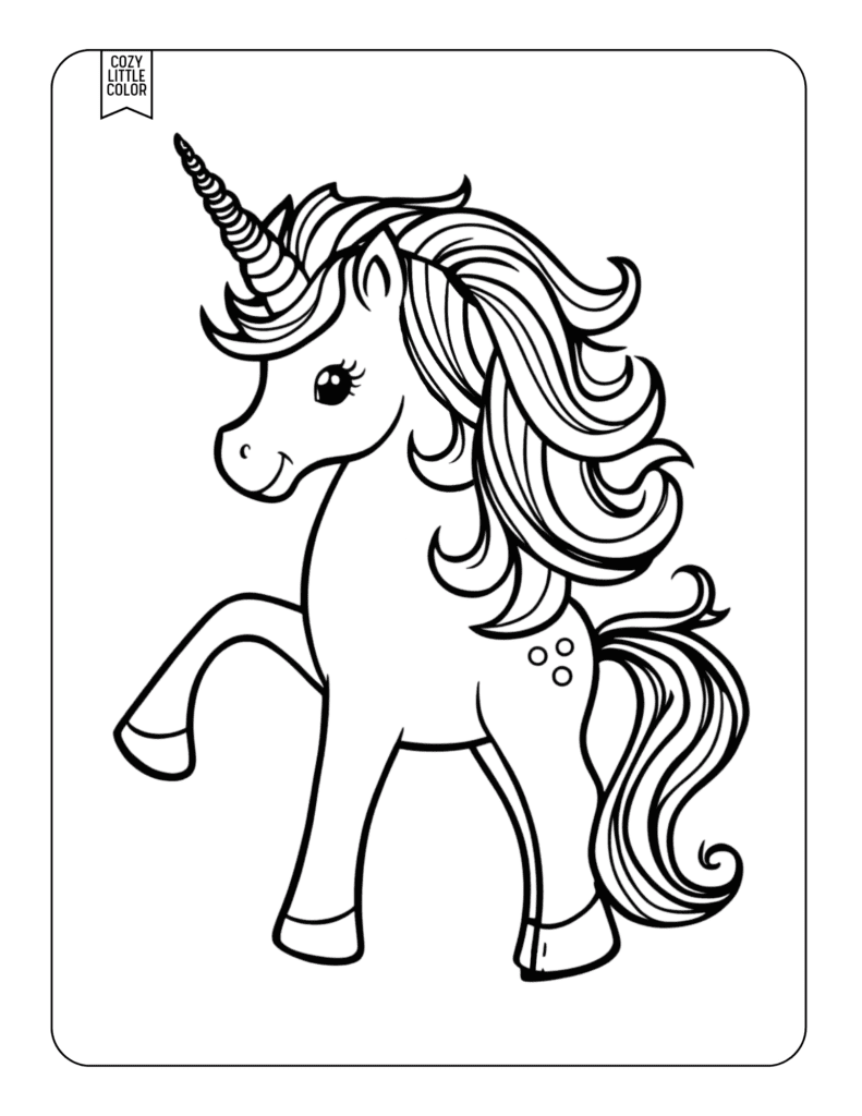 Pretty unicorn foloring page with flowing hair for preschoolers