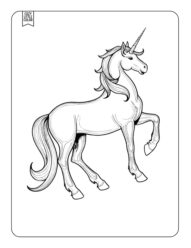 coloring page with a realistic unicorn with one hoof raised