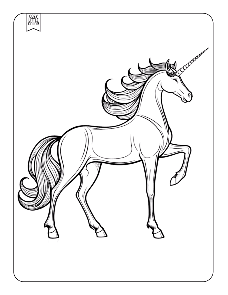 Majestic intricate hair unicorn detailed coloring page for adults