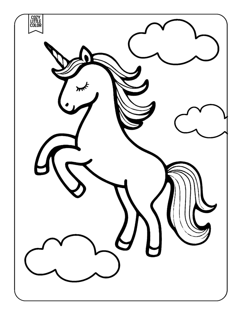 Coloring page of a cute unicorn with a closed eye jumping in the clouds