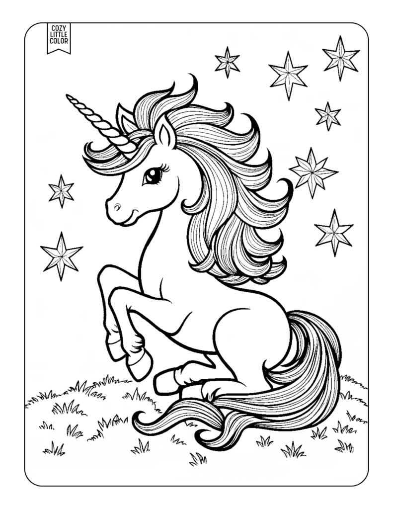 Coloring page of a magical unicorn with intricate hair and stars