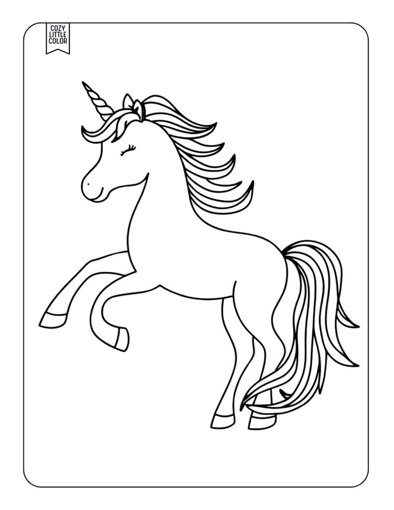 Simple smiling jumping unicorn coloring page for kindergarteners