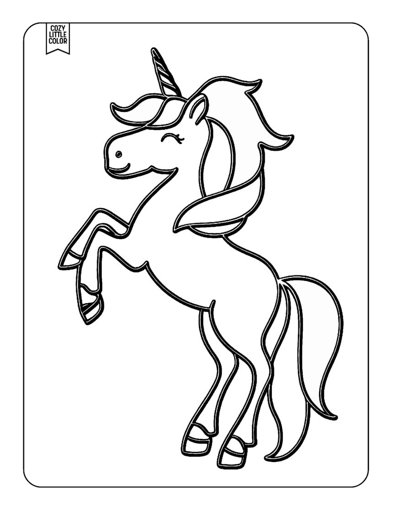 Cartoon style unicorn with smile coloring page