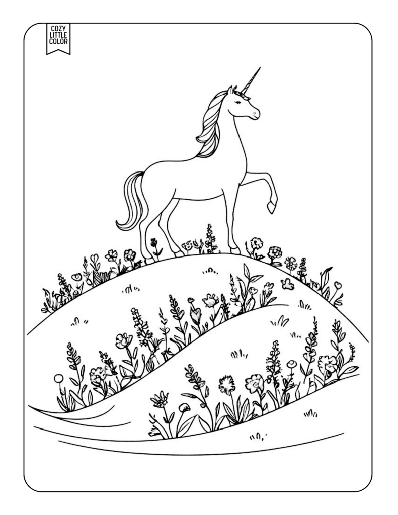 Intricate relaxing coloring page of a unicorn on flower hill for adults