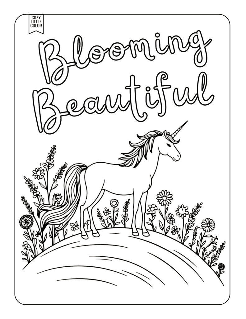 Blooming beautiful unicorn surrounded by flowers on a hill coloring page for teens