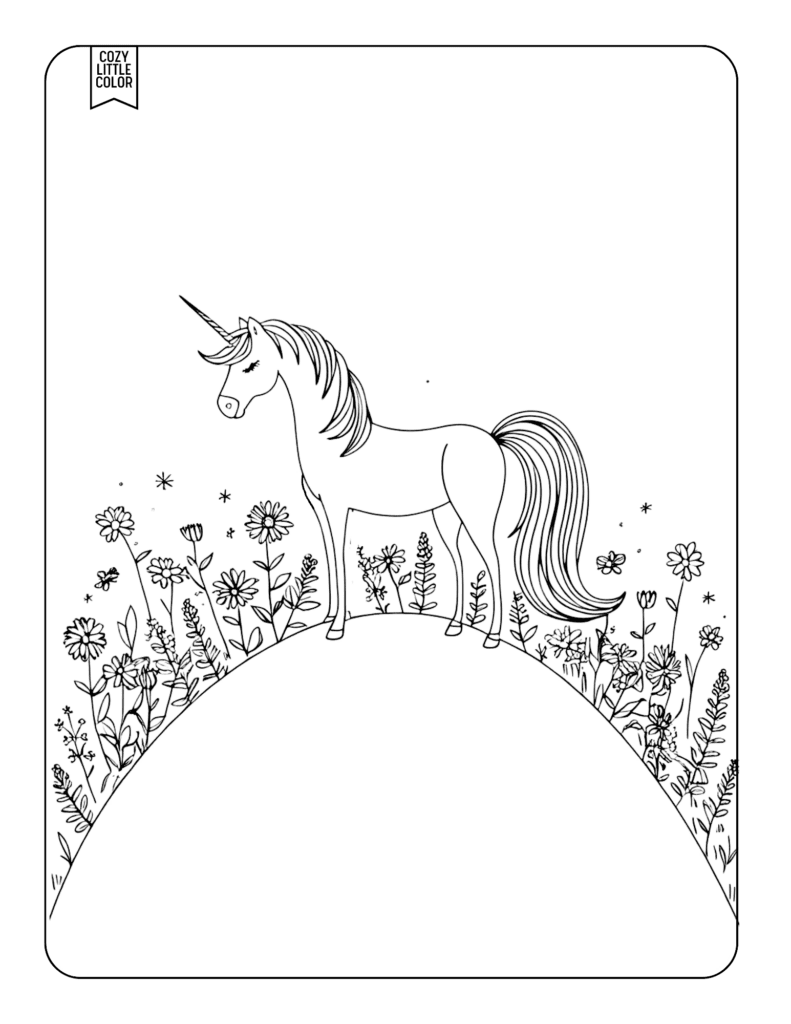 Unicorn on a flower hill with small detailed flowers