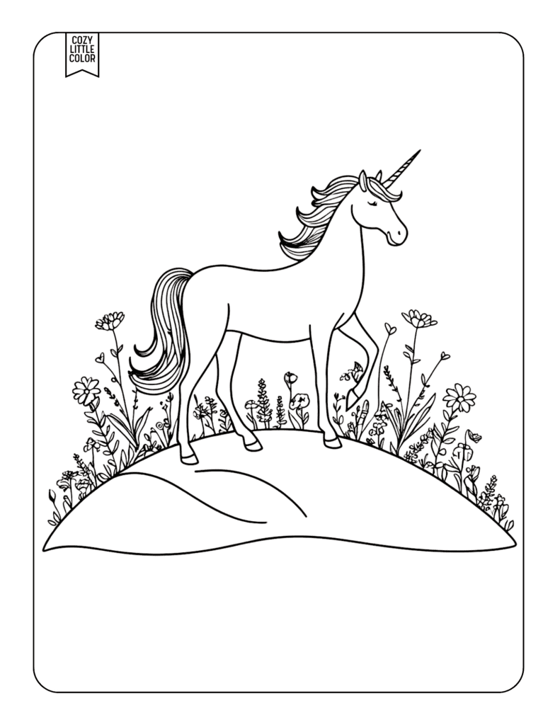 Adult unicorn in a field of flowers on a hill 