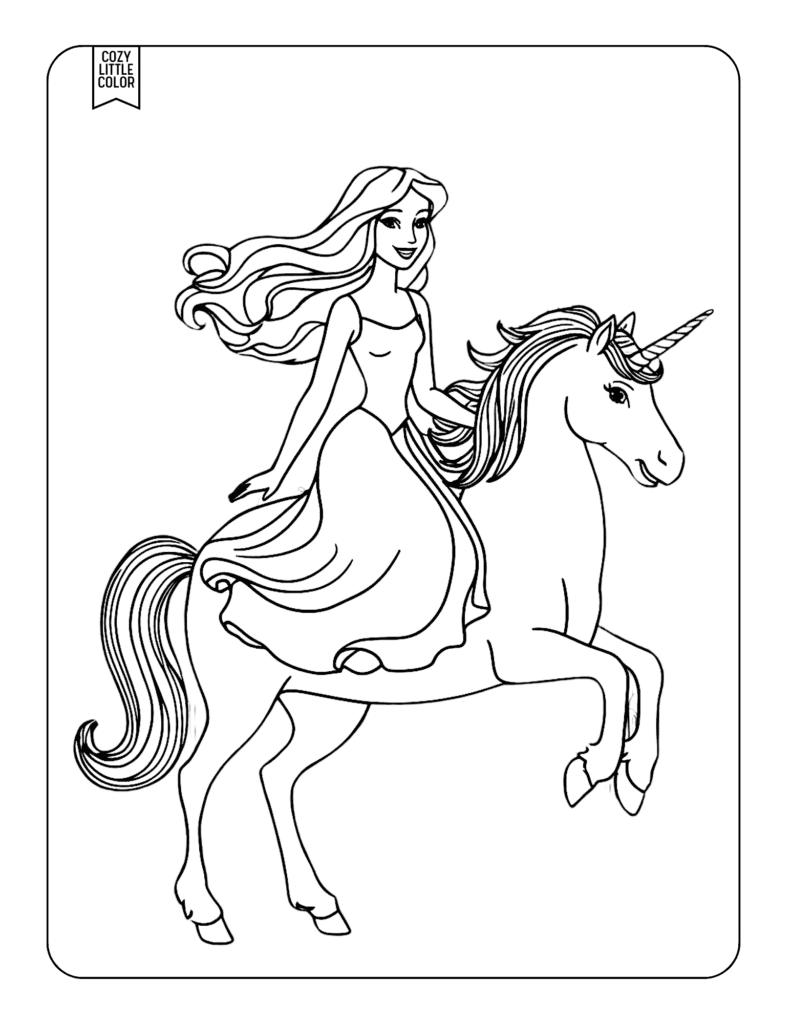 coloring page with a beautiful princess girl riding a unicorn