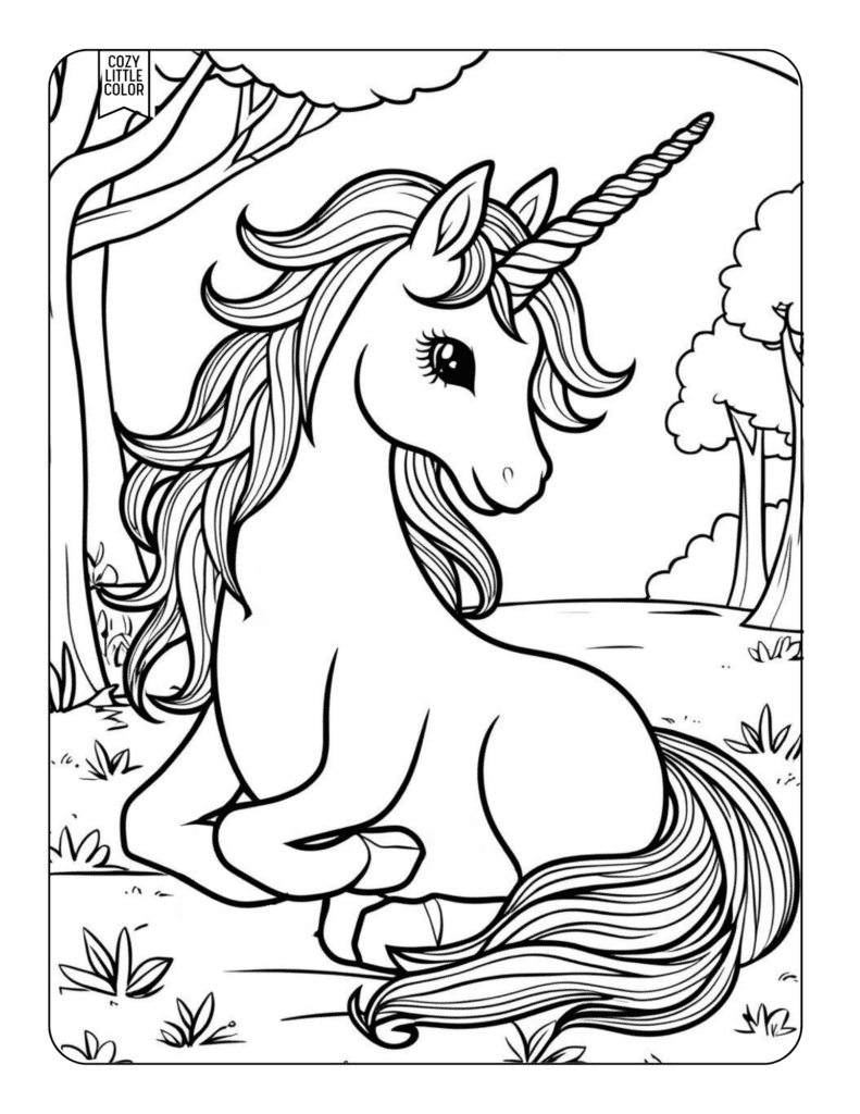 Beautiful unicorn coloring page with trees and a grassy meadow