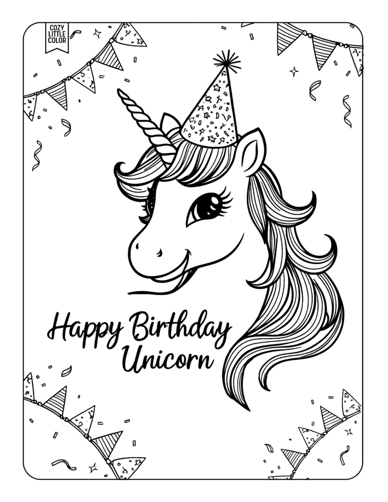 Happy Birthday unicorn coloring page