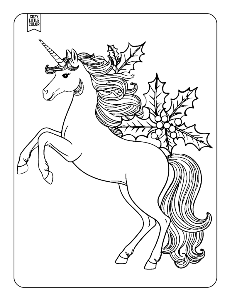 coloring page of a beautiful realistic christmas unicorn jumping, with holly berries