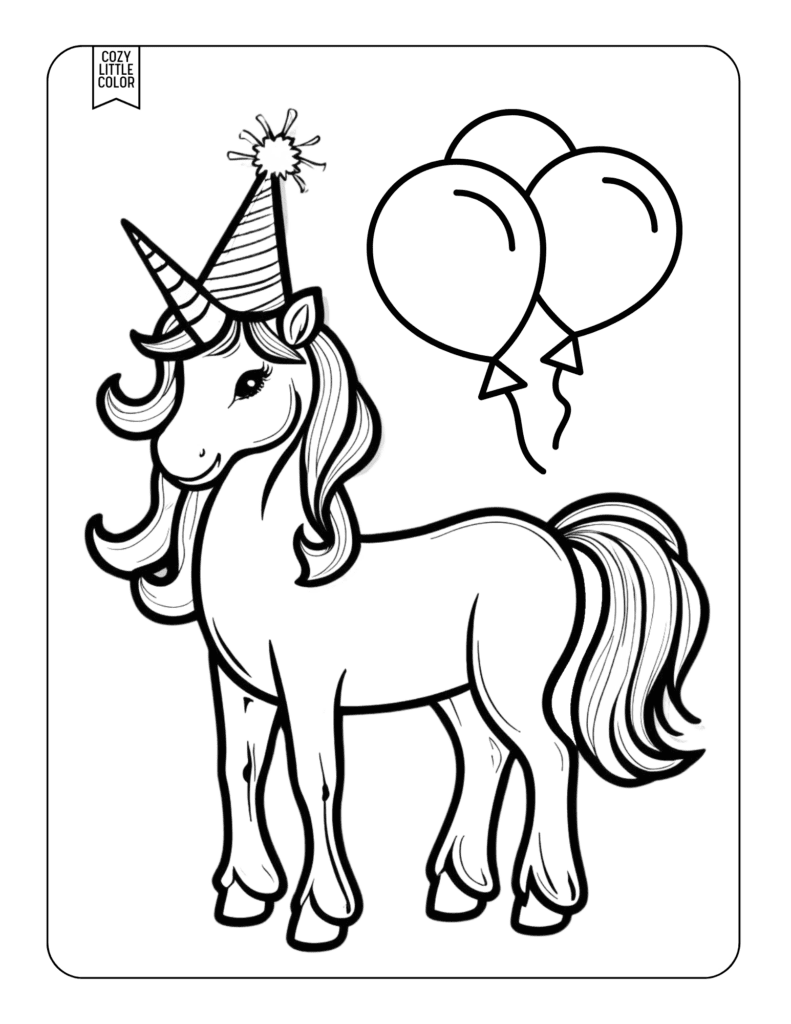 kids simple coloring page with a unicorn wearing a birthday hat, and balloons