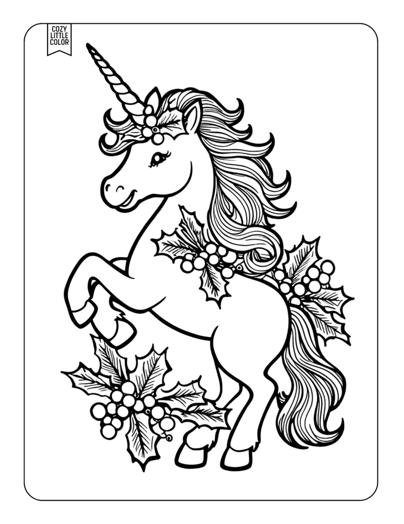 SImple unicorn coloring page with holly berries and leaves for Christmas