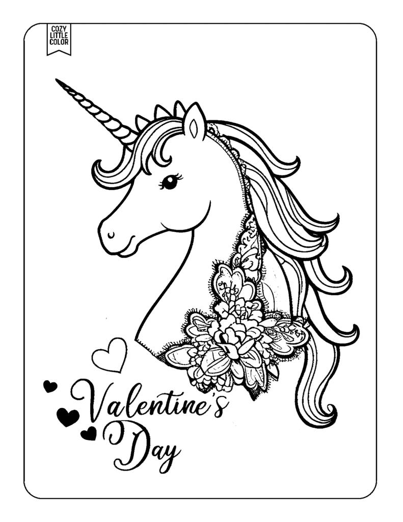 coloring page of a valentines card with unicorn and hearts with lace