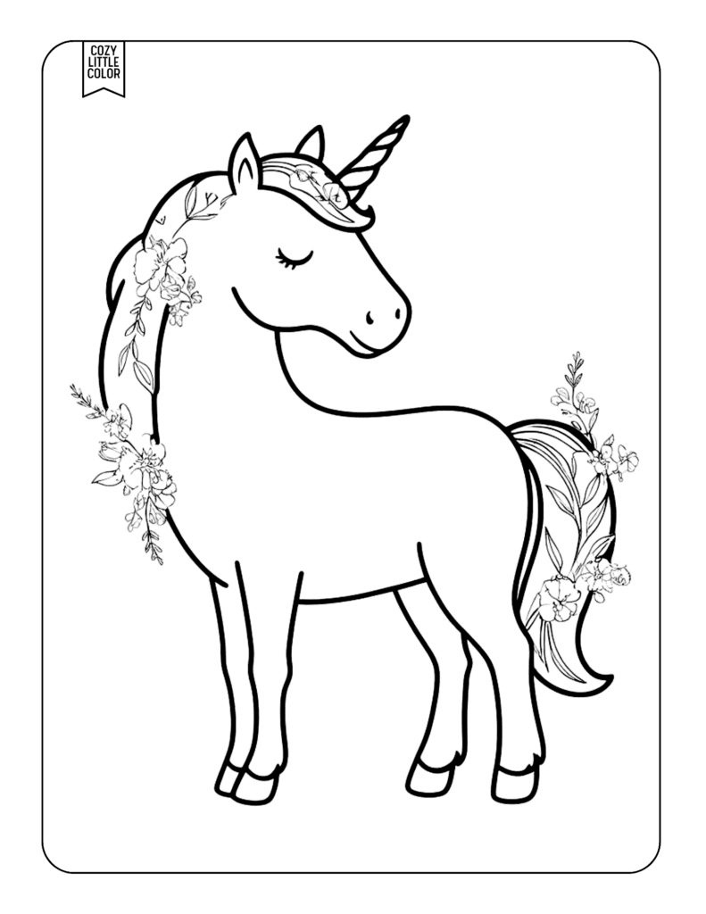 Kids coloring page with a simple unicorn with eyes closed with flowers in hair