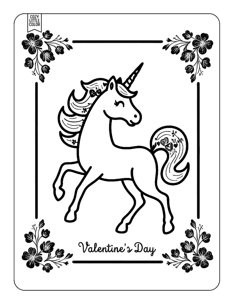 Coloring page with a valentines day unicorn with a flower border