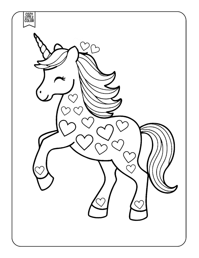 coloring page with a happy unicorn with hearts all over it