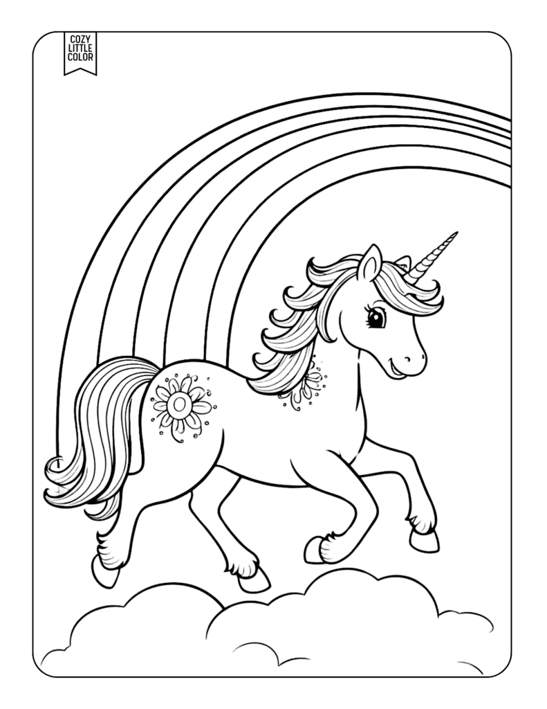 Easy kids coloring page with a unicorn with a rainbow and a sun tatoo