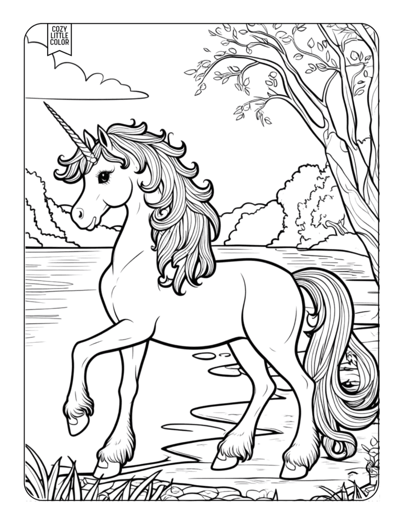 coloring page with a majestic unicorn at a lake