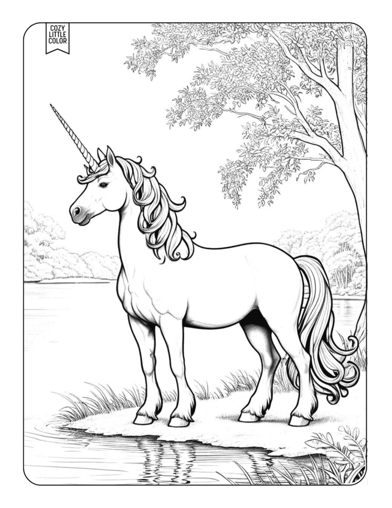 Realistic illustration of a unicorn standing at the edge of a forest near a lake