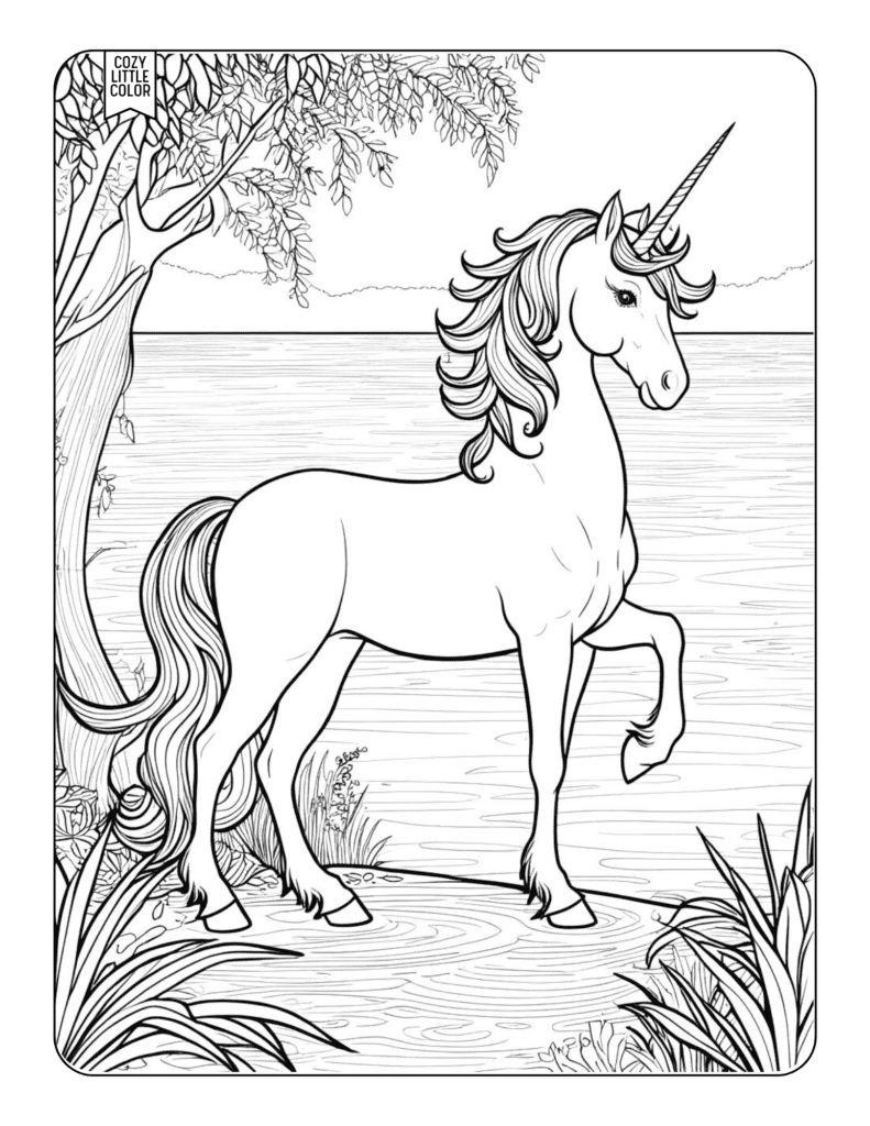 Intricate and detailed unicorn by sea for adults to color