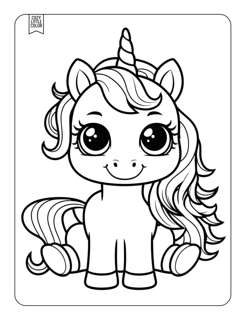 Coloring page of a cute cute kawwaii baby unicorn sitting