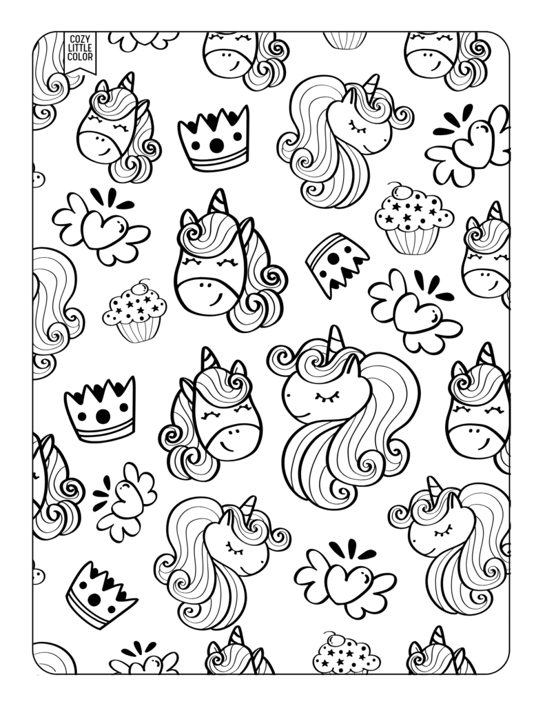 Cute cartoon unicorns, crowns, and hearts pattern to color in