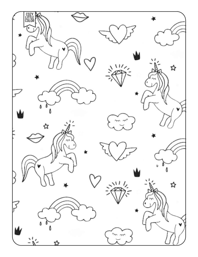 Coloring Page with a pattern of gems, unicorns, rainbows, and hearts