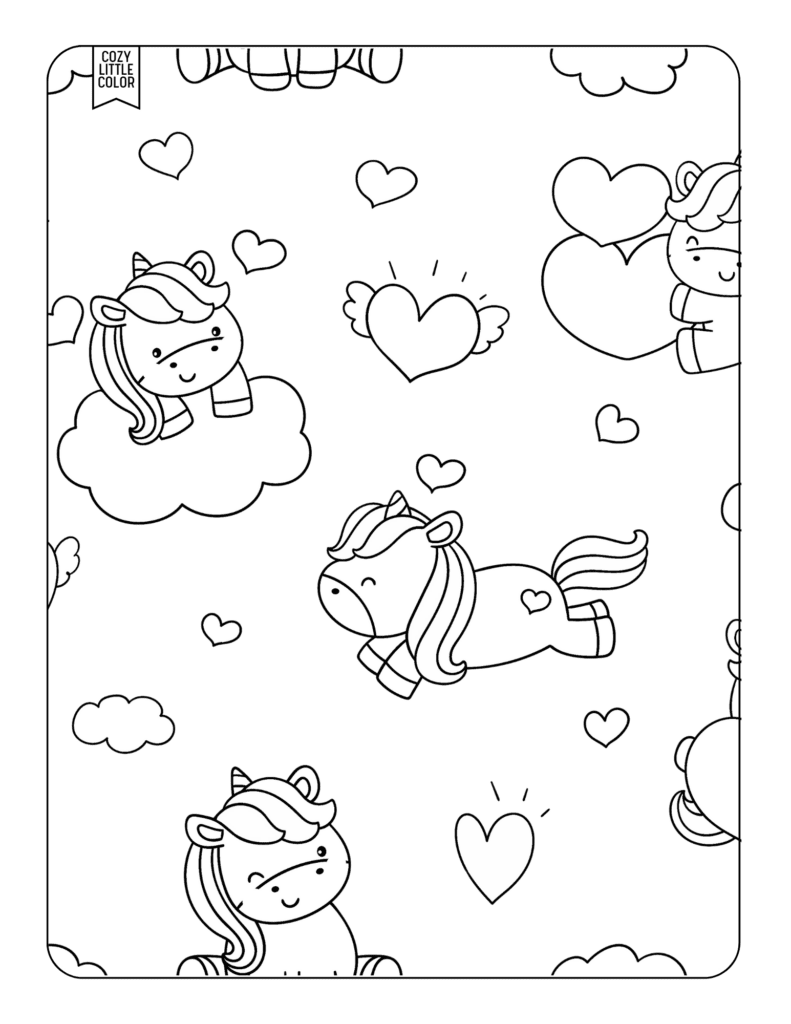 Coloring page of a unicorn on a cloud with hearts