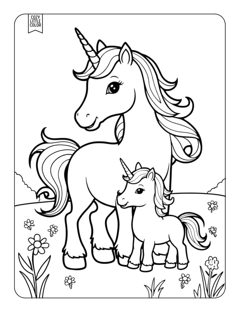 Mother and baby unicorn in a flower meadow coloring page