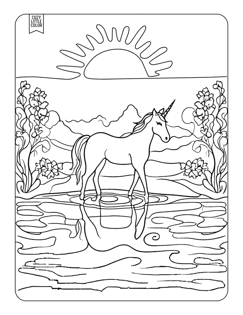 coloring page with monoline art of a unicorn