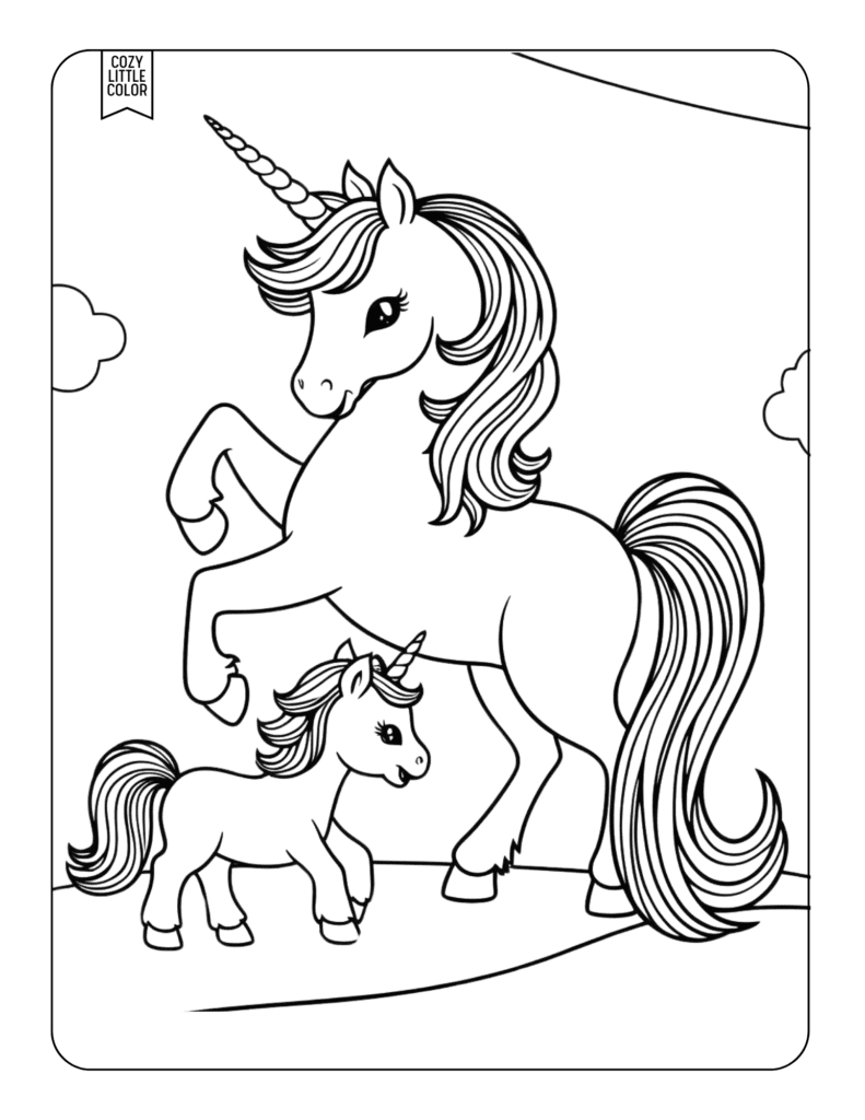 Jumping unicorn mother and baby coloring page for older kids