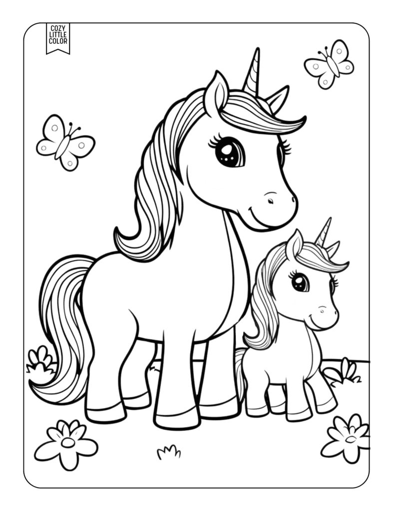 coloring page of a mother and baby stuffed unicorn