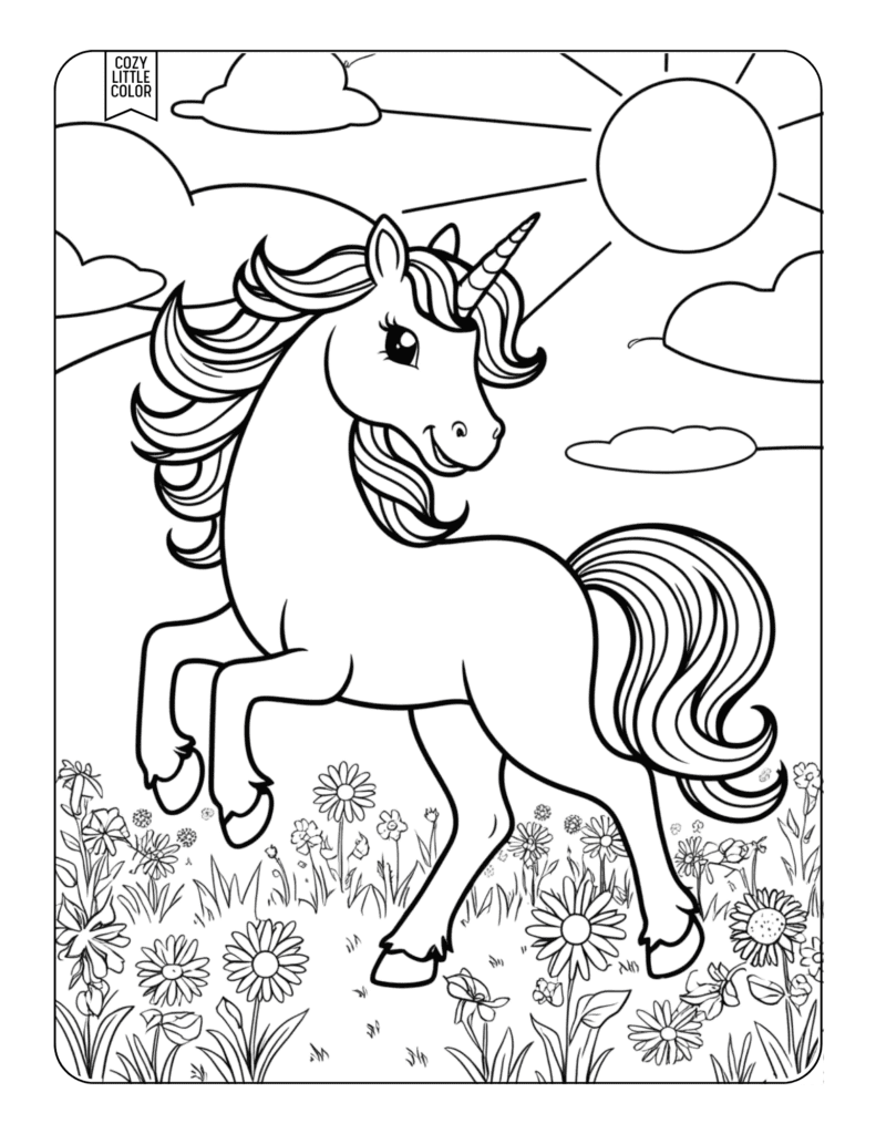 coloring page of a Spring unicorn with flowers, a sky and sun 